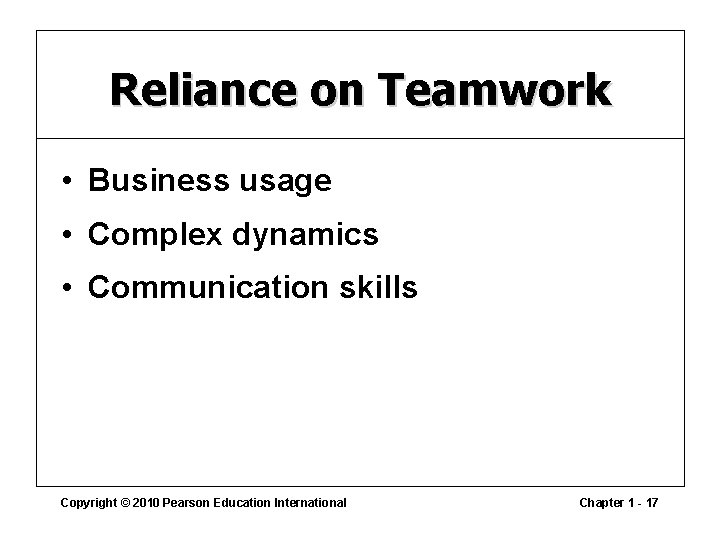 Reliance on Teamwork • Business usage • Complex dynamics • Communication skills Copyright ©