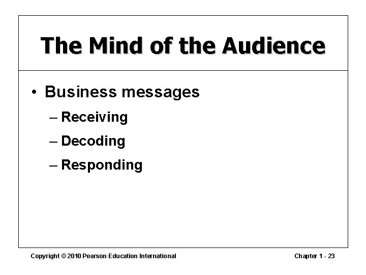 The Mind of the Audience • Business messages – Receiving – Decoding – Responding