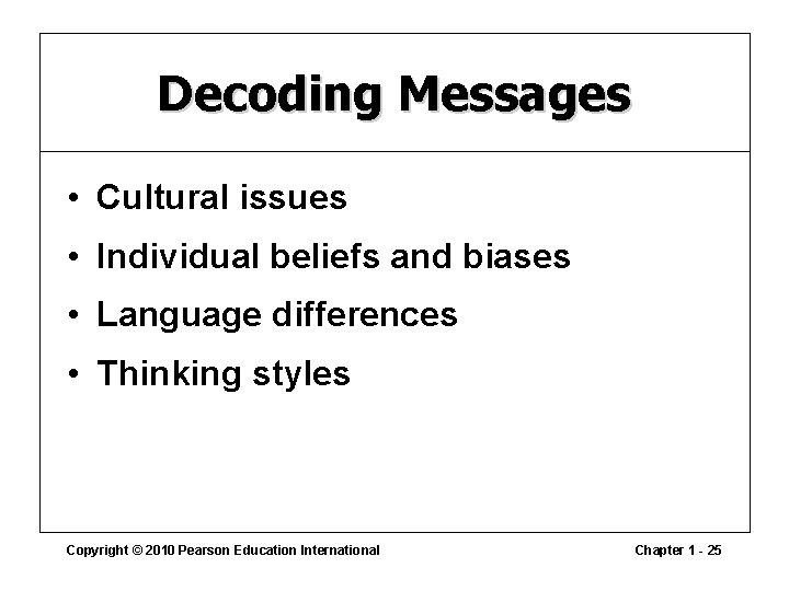 Decoding Messages • Cultural issues • Individual beliefs and biases • Language differences •