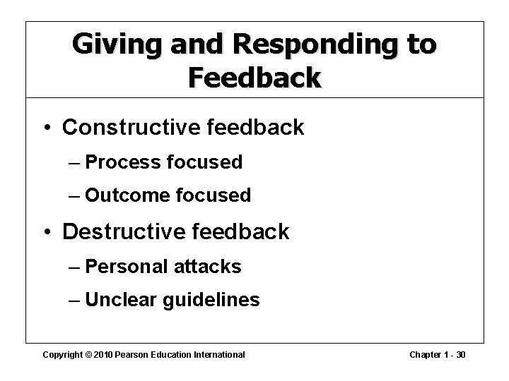 Giving and Responding to Feedback • Constructive feedback – Process focused – Outcome focused