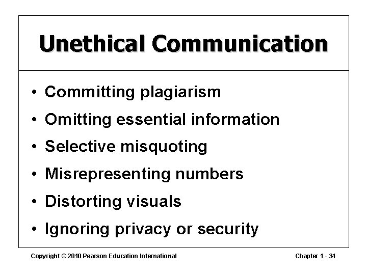 Unethical Communication • Committing plagiarism • Omitting essential information • Selective misquoting • Misrepresenting