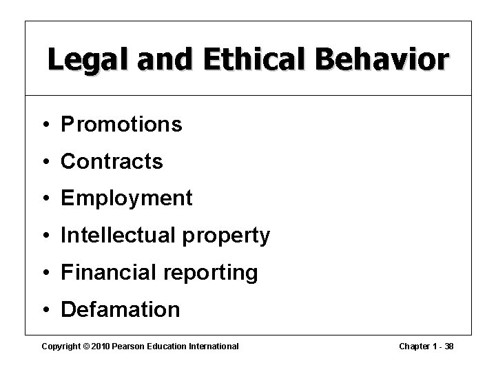 Legal and Ethical Behavior • Promotions • Contracts • Employment • Intellectual property •