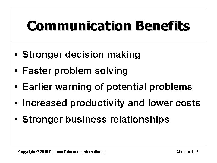 Communication Benefits • Stronger decision making • Faster problem solving • Earlier warning of