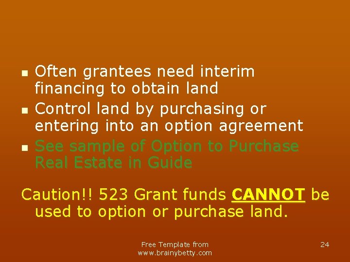 n n n Often grantees need interim financing to obtain land Control land by