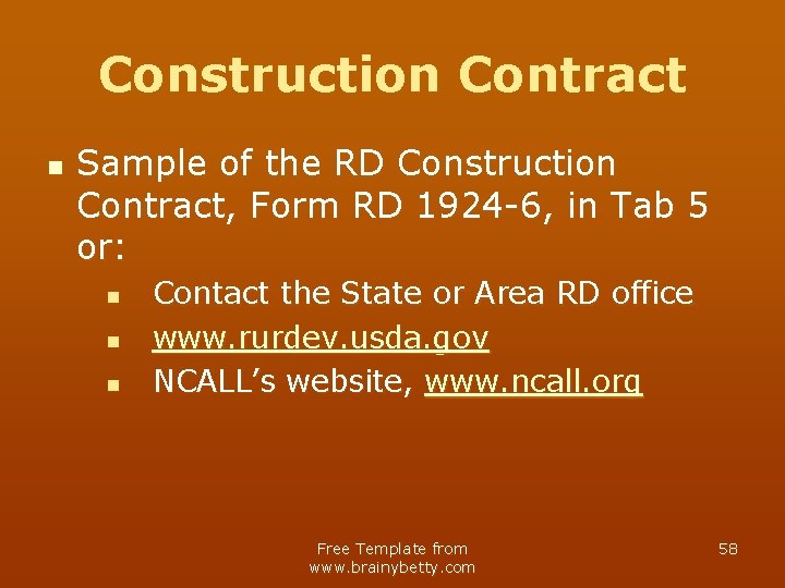 Construction Contract n Sample of the RD Construction Contract, Form RD 1924 -6, in