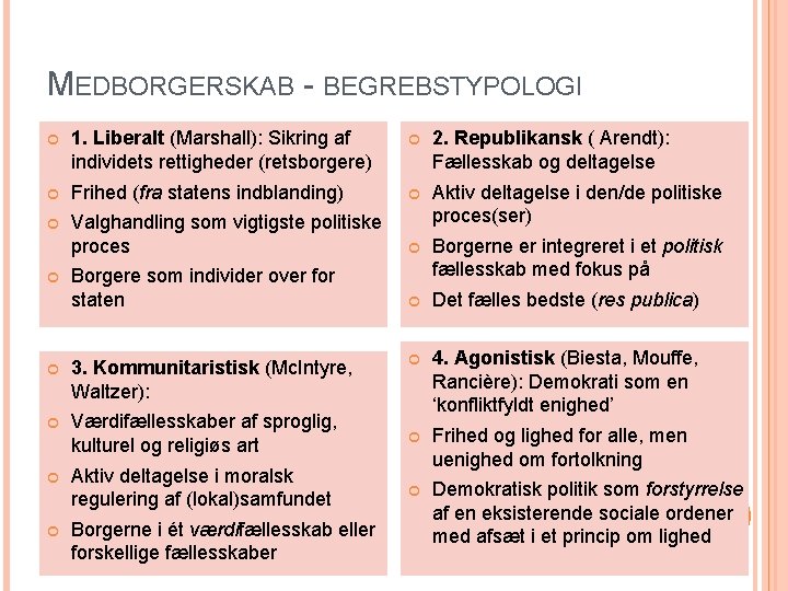 MEDBORGERSKAB - BEGREBSTYPOLOGI 1. Liberalt (Marshall): Sikring af individets rettigheder (retsborgere) 2. Republikansk (