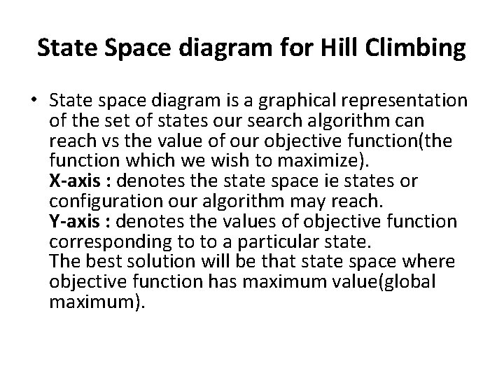 State Space diagram for Hill Climbing • State space diagram is a graphical representation