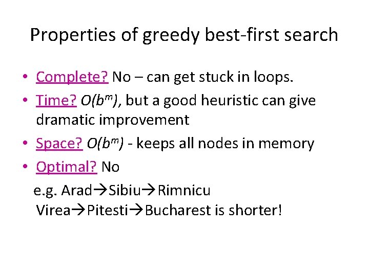 Properties of greedy best-first search • Complete? No – can get stuck in loops.