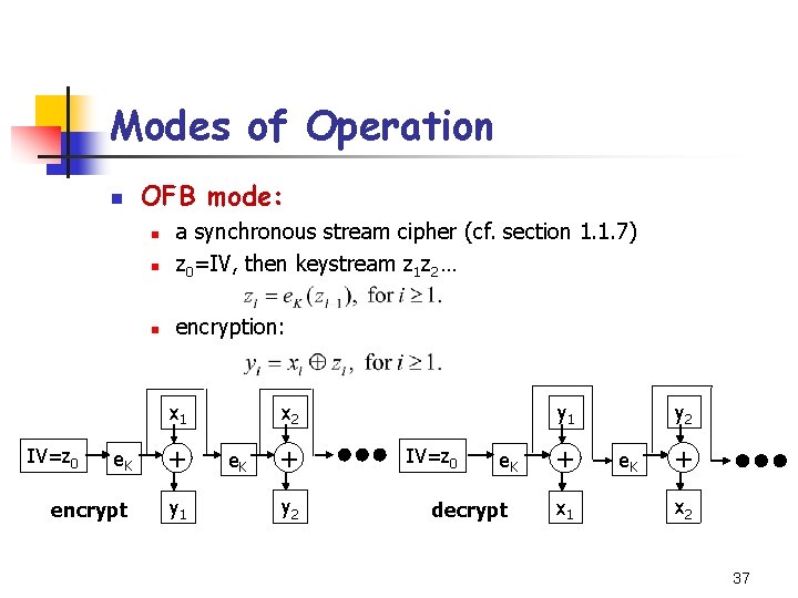 Modes of Operation n OFB mode: n a synchronous stream cipher (cf. section 1.