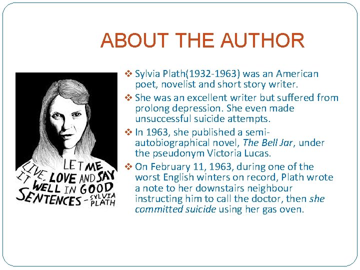 ABOUT THE AUTHOR v Sylvia Plath(1932 -1963) was an American poet, novelist and short