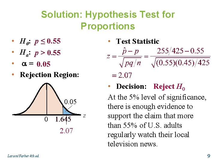 Solution: Hypothesis Test for Proportions • • H 0: p ≤ 0. 55 Ha: