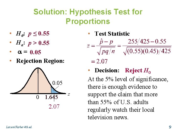 Solution: Hypothesis Test for Proportions • • H 0: p ≤ 0. 55 Ha: