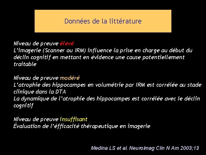 Données de la littérature Niveau de preuve élevé L’imagerie (Scanner ou IRM) influence la