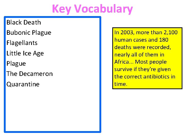 Key Vocabulary Black Death Bubonic Plague Flagellants Little Ice Age Plague The Decameron Quarantine