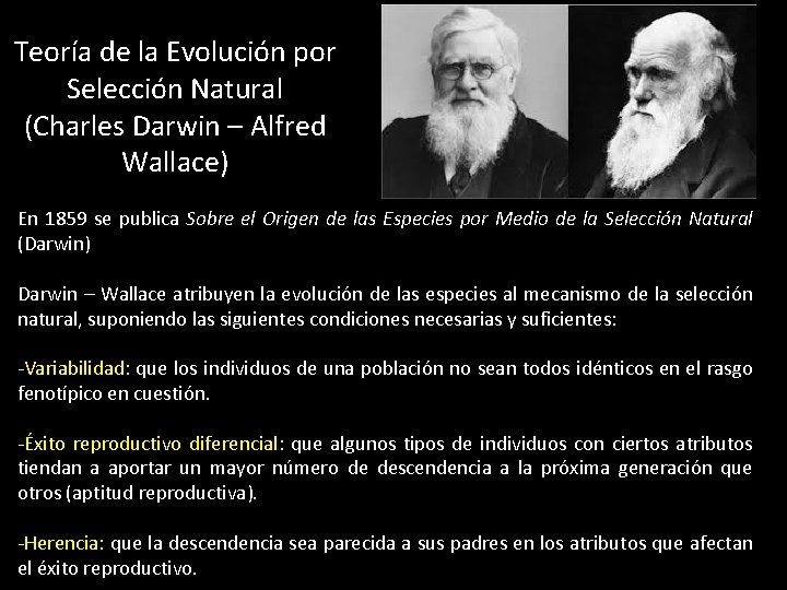 Teoría de la Evolución por Selección Natural (Charles Darwin – Alfred Wallace) En 1859
