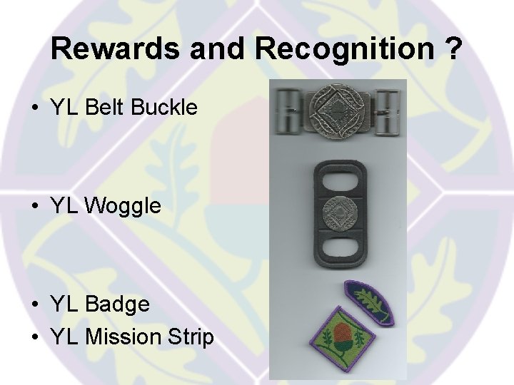 Rewards and Recognition ? • YL Belt Buckle • YL Woggle • YL Badge