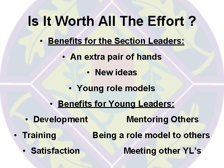 Is It Worth All The Effort ? • Benefits for the Section Leaders: • Is It Worth All The Effort ? • Benefits for the Section Leaders: •