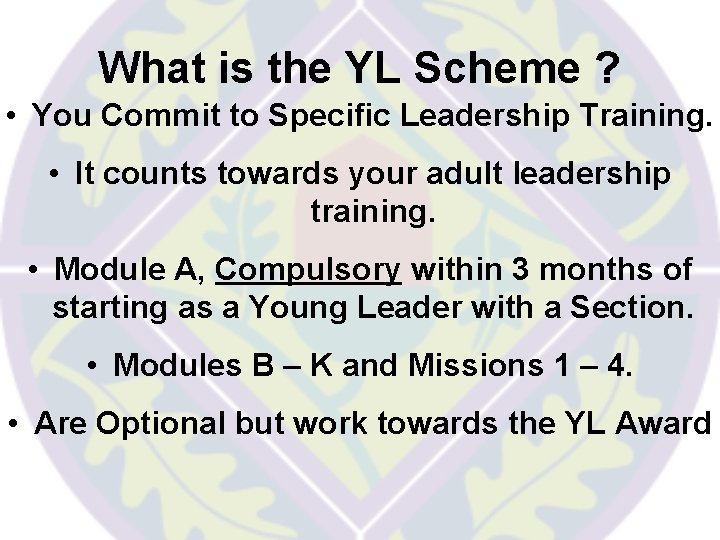 What is the YL Scheme ? • You Commit to Specific Leadership Training. •