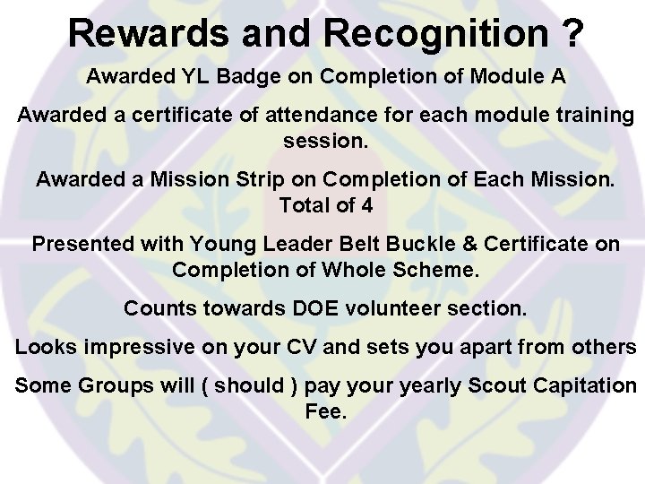 Rewards and Recognition ? Awarded YL Badge on Completion of Module A Awarded a