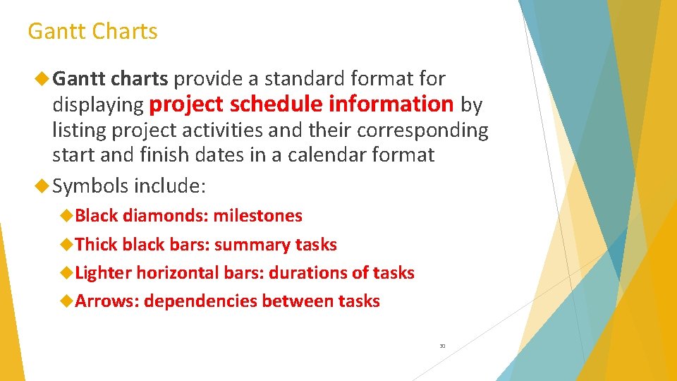 Gantt Charts Gantt charts provide a standard format for displaying project schedule information by