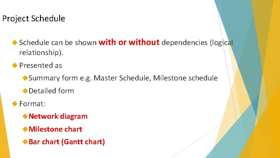 Project Schedule can be shown with relationship). or without dependencies (logical Presented as Summary