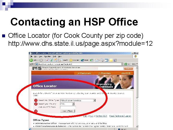 Contacting an HSP Office n Office Locator (for Cook County per zip code) http: