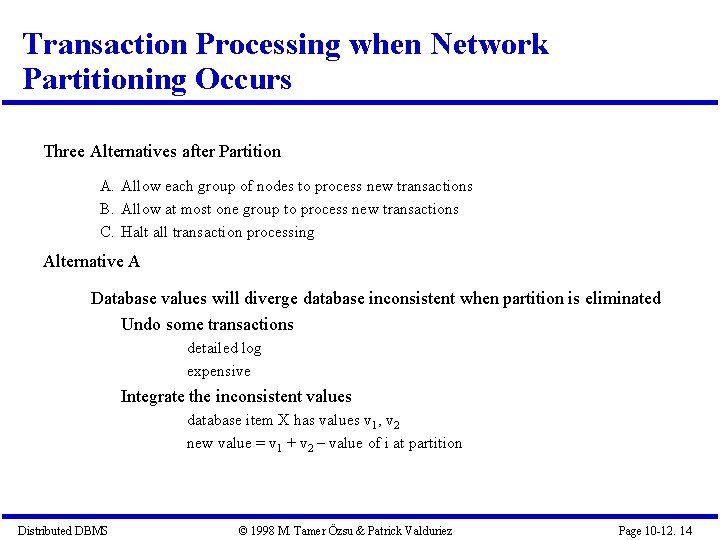 Transaction Processing when Network Partitioning Occurs Three Alternatives after Partition A. Allow each group