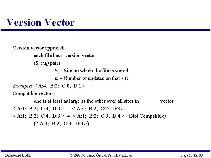 Version Vector Version vector approach each file has a version vector (Si : ui)