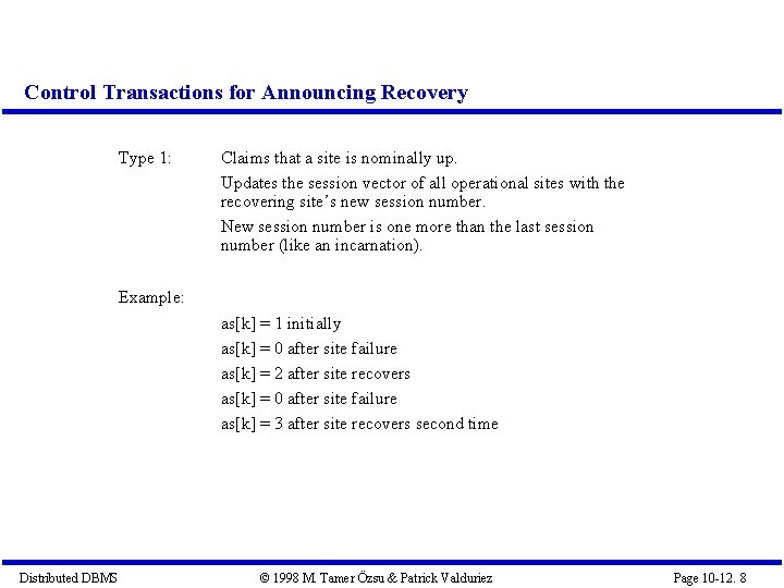 Control Transactions for Announcing Recovery Type 1: Claims that a site is nominally up.