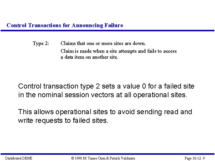 Control Transactions for Announcing Failure Type 2: Claims that one or more sites are