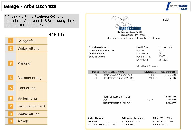 Belege - Arbeitsschritte Wir sind die Firma Panhofer OG. und handeln mit Snowboards &