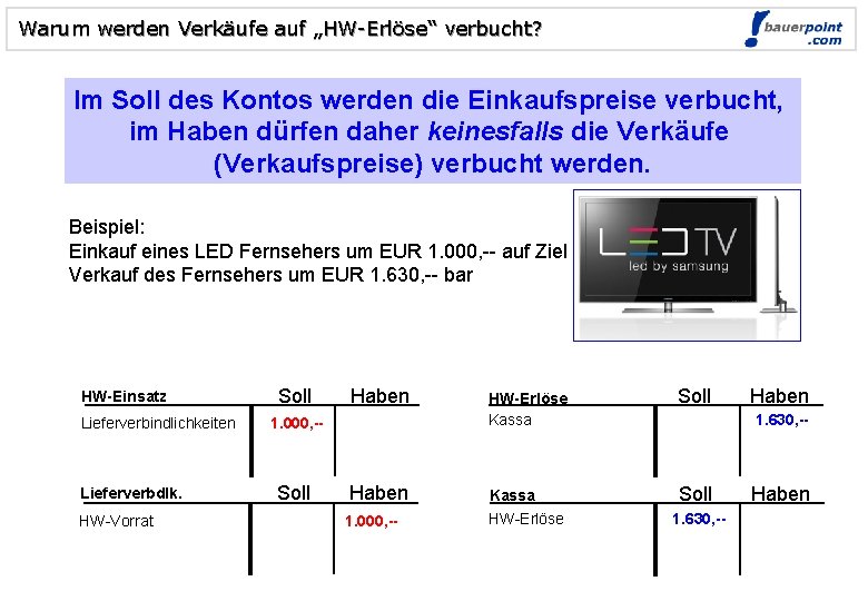 Warum werden Verkäufe auf „HW-Erlöse“ verbucht? Im Soll des Kontos werden die Einkaufspreise verbucht,