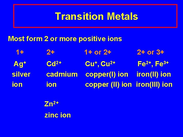 Transition Metals Most form 2 or more positive ions 1+ Ag+ silver ion 2+