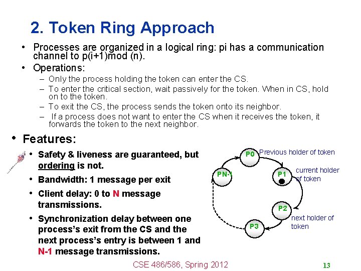 2. Token Ring Approach • Processes are organized in a logical ring: pi has