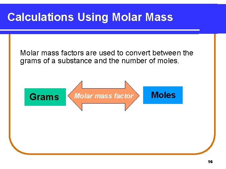 Calculations Using Molar Mass Molar mass factors are used to convert between the grams