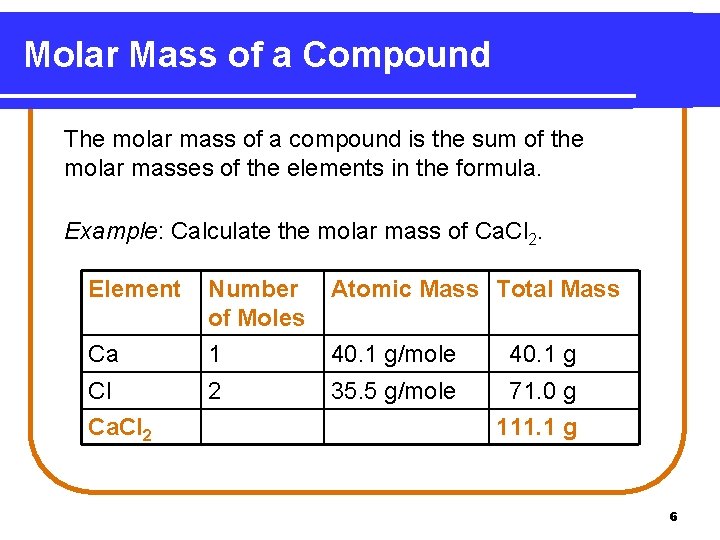 Molar Mass of a Compound The molar mass of a compound is the sum