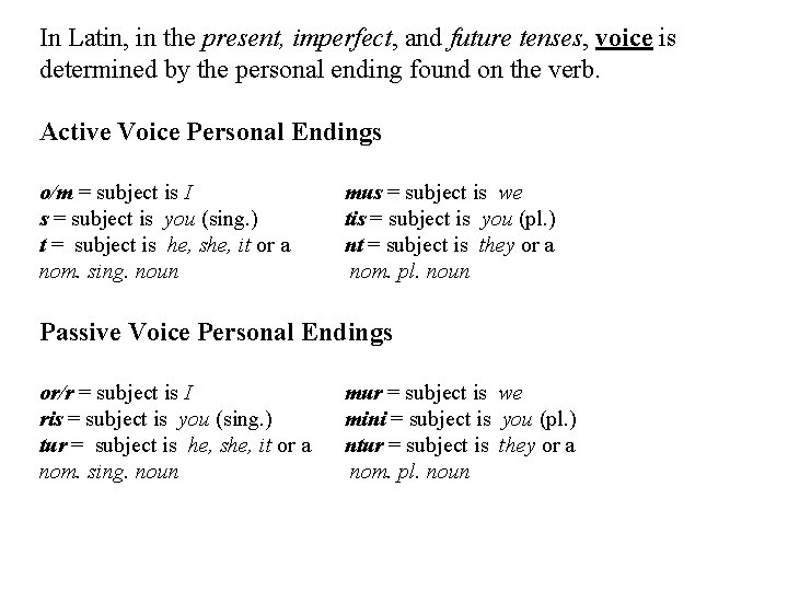 In Latin, in the present, imperfect, and future tenses, voice is determined by the