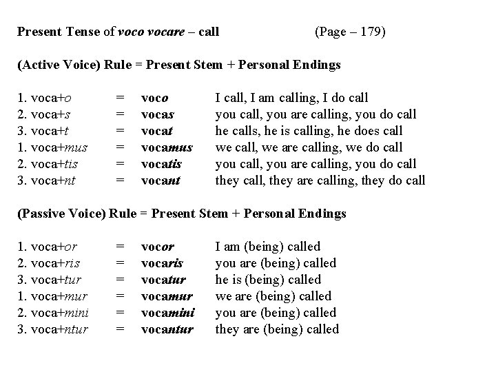 Present Tense of voco vocare – call (Page – 179) (Active Voice) Rule =