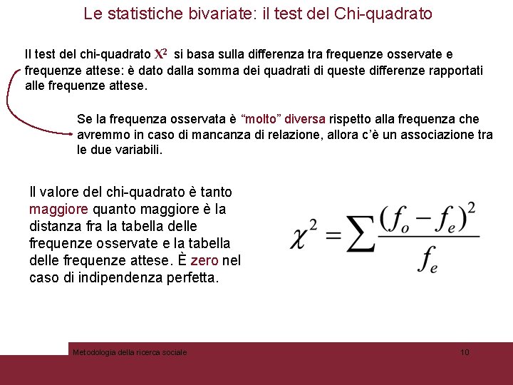 Le statistiche bivariate: il test del Chi-quadrato Logica e test del Chi-quadrato Il test