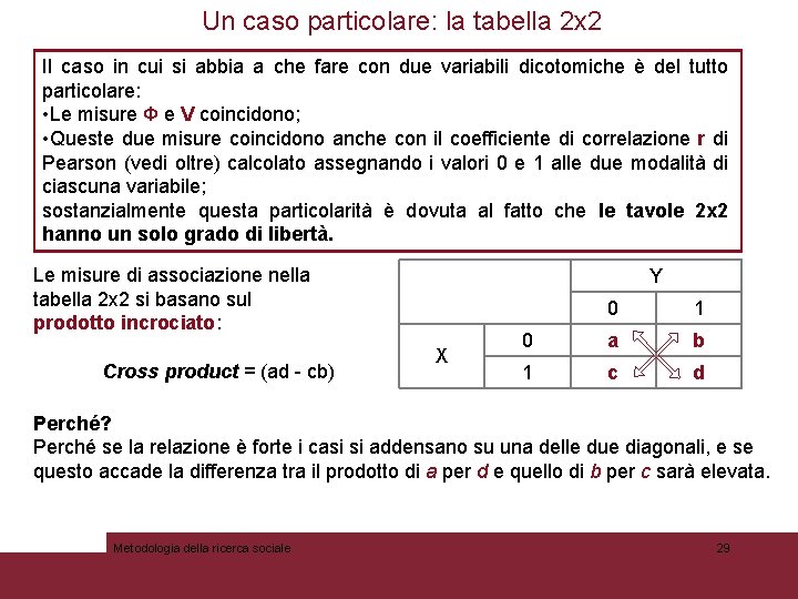 Un caso particolare: la tabella 2 x 2 Il caso in cui si abbia