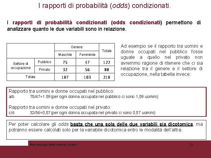 I rapporti di probabilità (odds) condizionati. I rapporti di probabilità condizionati (odds condizionati) permettono