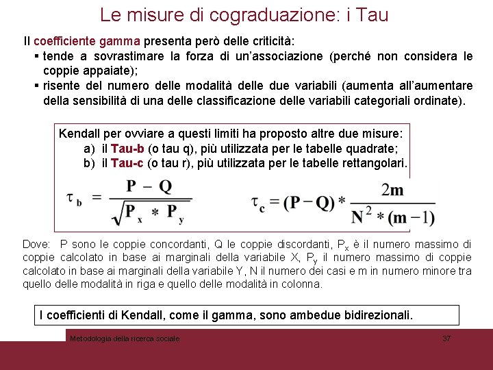 Le misure di cograduazione: i Tau Il coefficiente gamma presenta però delle criticità: §