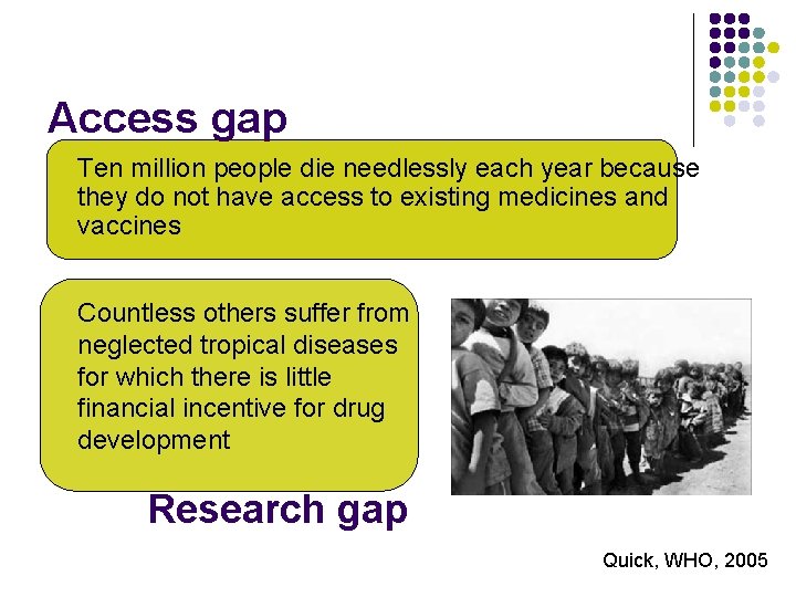 Access gap Ten million people die needlessly each year because they do not have