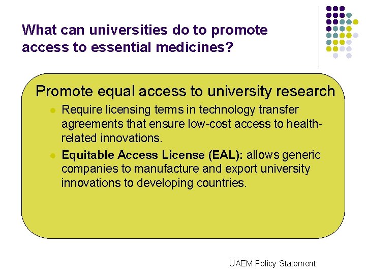 What can universities do to promote access to essential medicines? Promote equal access to