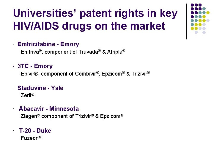 Universities’ patent rights in key HIV/AIDS drugs on the market · Emtricitabine - Emory