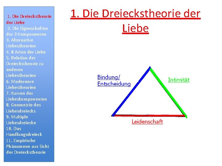 1. Die Dreieckstheorie der Liebe 2. Die Eigenschaften der 3 Komponenten 3. Alternative Liebestheorien