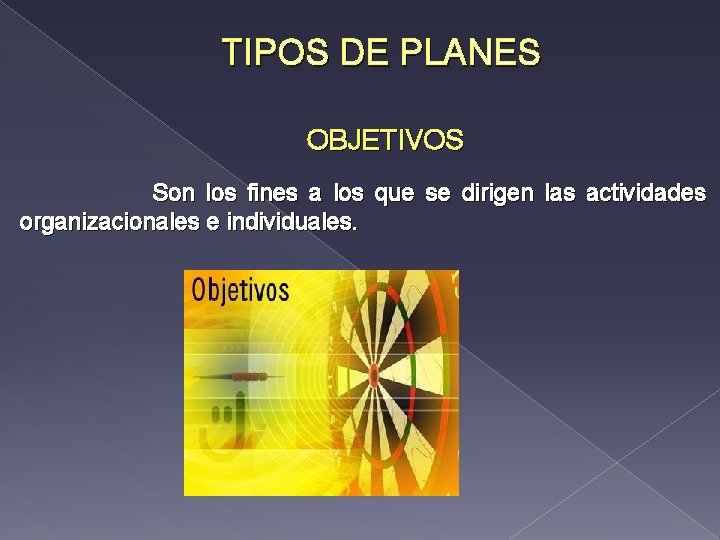 TIPOS DE PLANES OBJETIVOS Son los fines a los que se dirigen las actividades