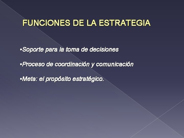 FUNCIONES DE LA ESTRATEGIA • Soporte para la toma de decisiones • Proceso de