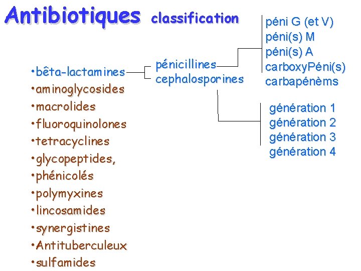 Antibiotiques • bêta-lactamines • aminoglycosides • macrolides • fluoroquinolones • tetracyclines • glycopeptides, •