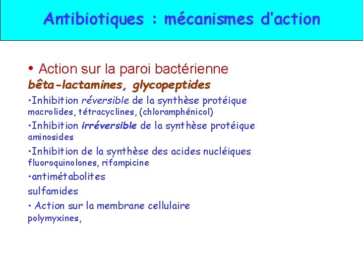 Antibiotiques : mécanismes d’action • Action sur la paroi bactérienne bêta-lactamines, glycopeptides • Inhibition